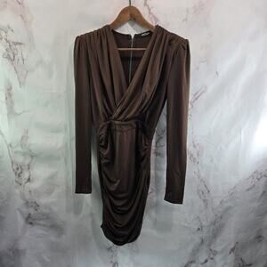 Nasty Gal Dress Womens 2 XS Brown Satin Bodycon Holiday Long Sleeve Ruched